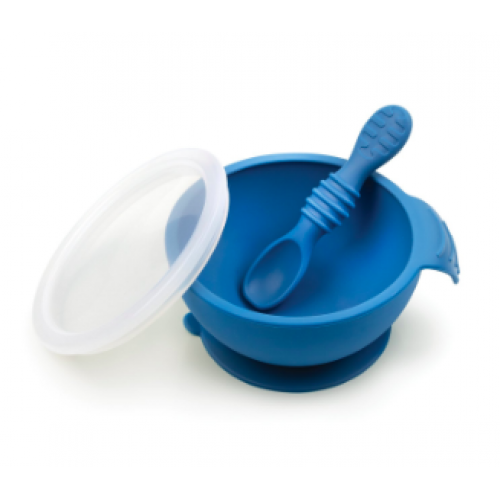 Bumkins - Ensemble d'alimentation bol avec couvercle et cuillère en silicone - Bleu foncé