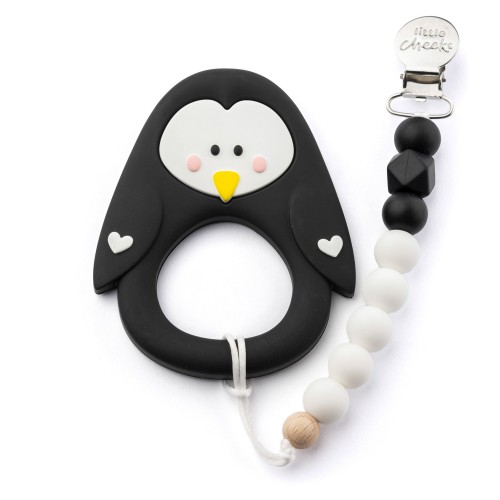 Little Cheeks - Jouet de dentition avec attache - Pingouin noir