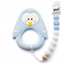 Little Cheeks - Jouet de dentition avec attache - Pingouin bleu