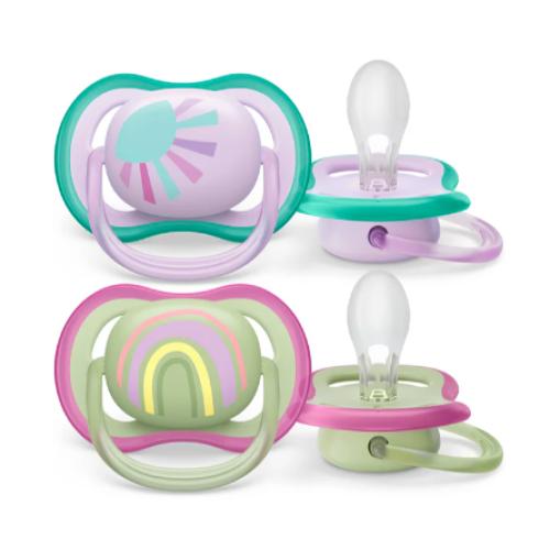 Philips Avent - Suce ultra douce - 0 à 6 mois - Soleil lilas + arc-en-ciel vert - Paquet de 2